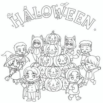 ハロウィン3 ハロウィン,線画,塗り絵,こども向け,人物,複数,仮装,コスプレ,かぼちゃ,可愛いのイラスト素材