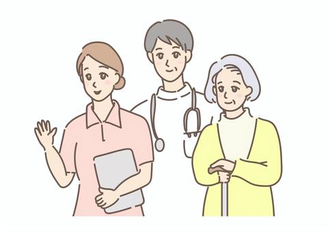 穏やかな看護師と医師とおばあさんの患者 医師,医者,介護,介護士,福祉,ナース,看護師,介護福祉士,老人ホーム,ナーシングホームのイラスト素材