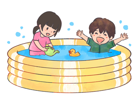 【水彩風手描き】子ども用プールで水遊び プール,子ども用プール,プール遊び,水遊び,ジョウロ,ビニールプール,幼稚園,保育園,幼児,園児のイラスト素材