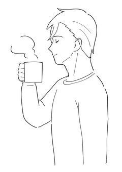 コーヒーを飲む男性の白黒イラスト お茶,ホット,コーヒー,飲む,男性,リラックス,休憩,長袖,冬,部屋着のイラスト素材
