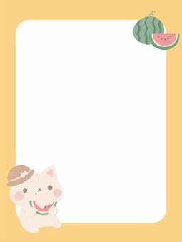 スイカを持ったネコのフレーム 猫,スイカ,動物,野菜,かわいい,縦,枠,夏,オレンジ,持つのイラスト素材