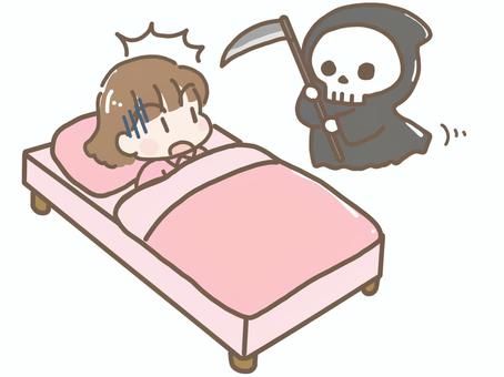 起きたら死神がいて　驚く女の子 死神,女の子,起きる,驚く,びっくり,人物,ベッド,近付く,近寄る,危機のイラスト素材