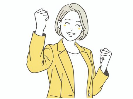 ガッツポーズをする女性２ 働く,握りこぶし,自信,おしゃれ,爽やか,線画,やる気,ガッツポーズ,意欲,頑張るのイラスト素材