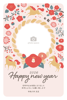 2026年午年年賀状059 年賀状,馬,午年,午,正月,2026年,はがき,うま,しめ縄,テンプレートのイラスト素材