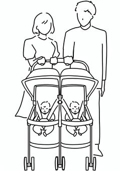 双子専用ベビーカーと乳児と夫婦　線画 双子,乳児,夫婦,親子,ベビーカー,専用,線画のイラスト素材
