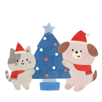 クリスマスツリーと猫犬 クリスマスツリーと猫犬 クリスマス,ツリー,猫,犬,サンタ,帽子,マフラー,動物,冬,絵本のイラスト素材