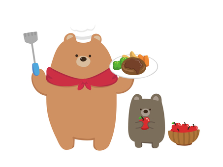 クマのシェフとちびクマ クマのシェフとちびクマ クマ,料理,食べもの,ディナー,ランチ,シェフ,コックさん,コック帽,レストラン,ハンバーグのイラスト素材