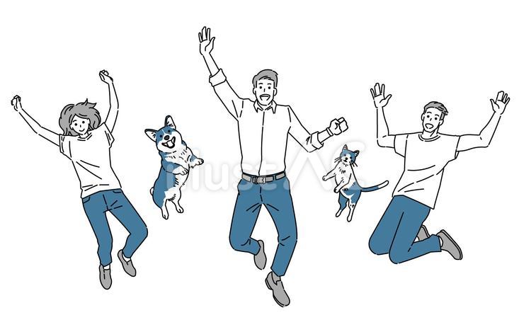 陽気な男女グループと犬猫 女性,男性,笑顔のイラスト素材