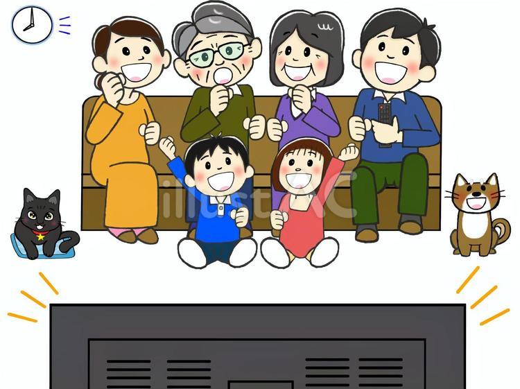 頑張れ！良いぞ‼ペットと家族でテレビ観戦 テレビ,観戦,鑑賞のイラスト素材