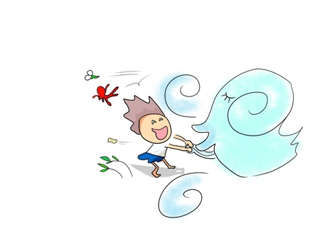 台風と女の子　おかっぱ 台風,女の子,強風,飛ばされる,タコ,植物のイラスト素材