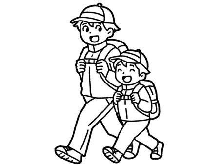 【白黒】親子でハイキング【線画】 【白黒】親子でハイキング【線画】 親子,登山,ハイキング,遠足,アウトドア,リュック,白黒,線画のイラスト素材