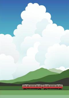 夏8 夏,夏休み,空,快晴,青空,列車,雲,入道雲,景色,背景のイラスト素材