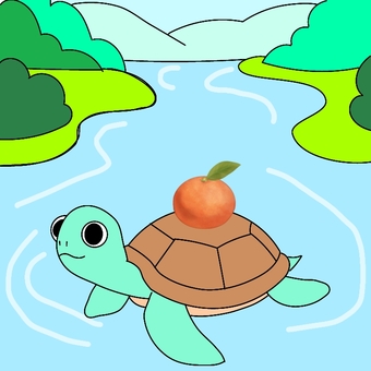 【短文カード】「か」の言葉③ カメ,みかん,川,泳ぐ,言語聴覚療法,絵カード,構音,情景画のイラスト素材