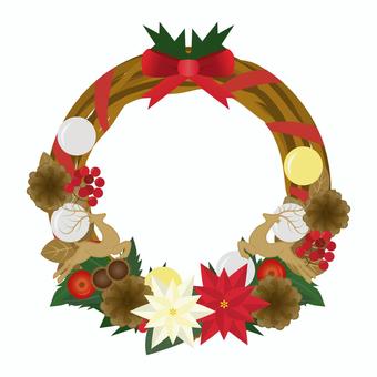 手作り風クリスマスリース_4 クリスマスリース,リース,クリスマス,手作り,ポインセチア,リボン,輪,リング,松ぼっくり,どんぐりのイラスト素材