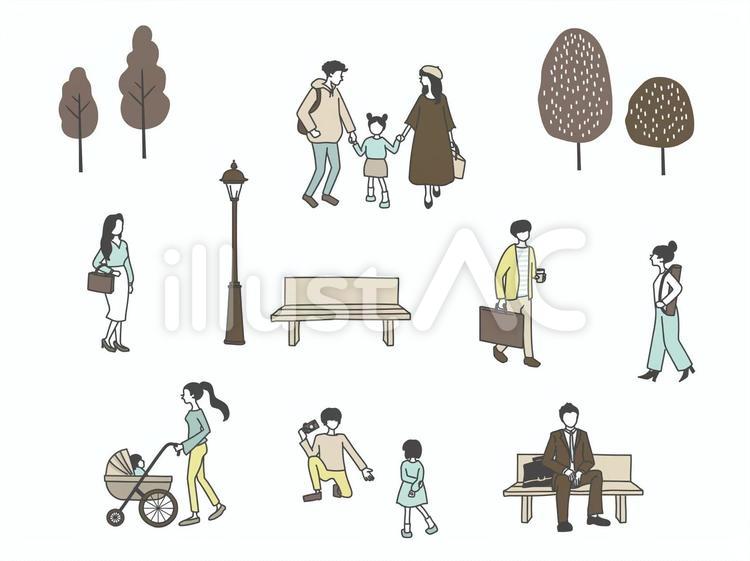 街の人々人物線画イラストセット 人物,公園,親子のイラスト素材