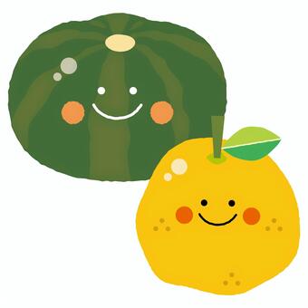 冬至のかわいいゆずとかぼちゃイラスト 冬至,ゆず,柚子,果物,フルーツ,かぼちゃ,南瓜,冬,季節,12月のイラスト素材