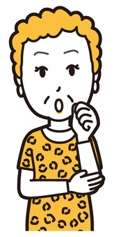  大阪のおばちゃん(黄)-146-バスト 考える,おばちゃん,大阪,ヒョウ柄,おばはん,中年,女性,関西,派手,おばさんのイラスト素材