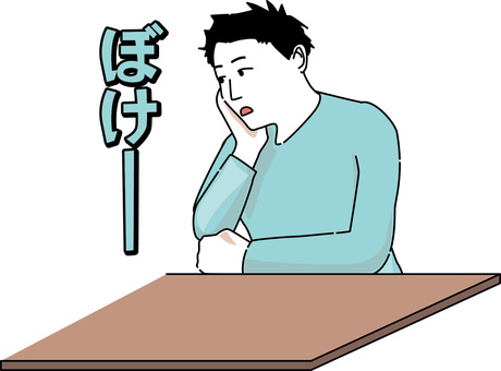 うつろな男性 無心,ぼー,うつろ,疲れ,だるい,頬杖,男性,文字,線画のイラスト素材