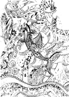 クジラ ゼンタングル,クジラ,ペン画,空想画,デザイン,ポストカード,太陽,灯台,波,海のイラスト素材