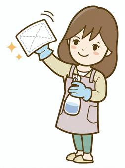 拭き掃除をする女性_25 掃除,女性,大掃除,清掃,家事,片付け,エプロン,ぞうきん,雑巾,スプレーのイラスト素材