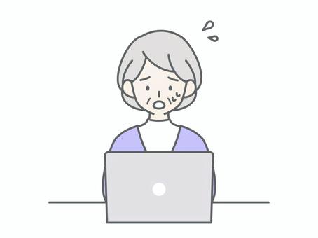 パソコンを見て困るシニア女性 人物,女,祖母,おばあちゃん,老人,高齢者,お年寄り,シニア,白髪,困るのイラスト素材
