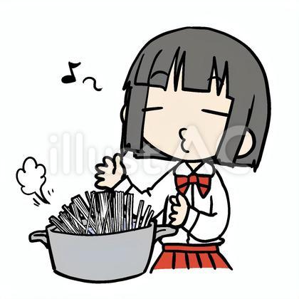 気楽に麺をゆでる少女