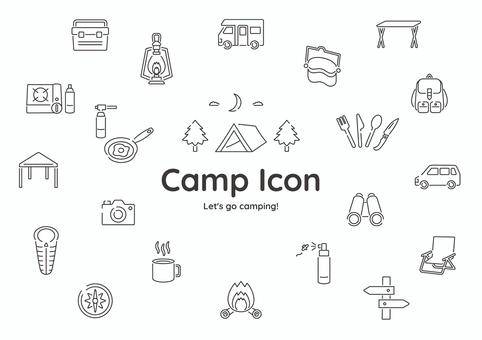 モノクロのキャンプアイコンセット2 アイコン,キャンプ,観光,旅行,セット,行楽,レジャー,テント,タープ,アウトドアのイラスト素材