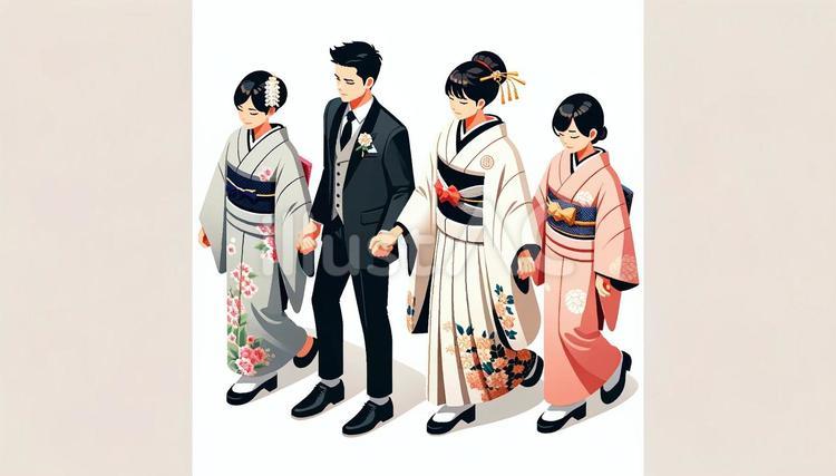 成人式晴れ着の男女と着物・振り袖とスーツ 晴れ着,成人式,女性のイラスト素材