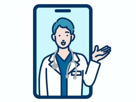 オンライン診療する医師 オンライン,スマホ,ビデオ通話,診療,診察,受診,医師,ドクター,医療,健康のイラスト素材