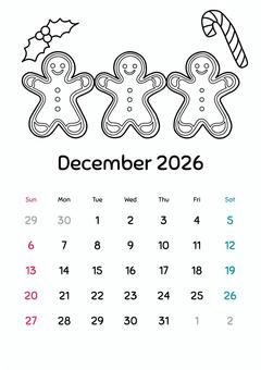 2026年12月ぬり絵カレンダー カレンダー,2026年,12月,日本仕様,ぬり絵,線画,趣味,娯楽,食べ物,ジンジャーブレッドマンのイラスト素材