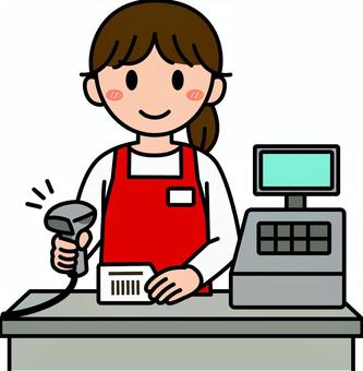 レジ担当の赤のスタッフです。 レジ,担当,スタッフ,シンプル,店員,操作,会計,接客,販売員,レジ打ちのイラスト素材