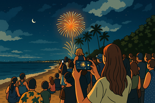 楽園の夜空 ワイキキに咲く光の華 楽園の夜空 ワイキキに咲く光の華 花火,ワイキキビーチ,ハワイ,夏,夜空,夜景,ビーチ,海,鑑賞,群衆のイラスト素材
