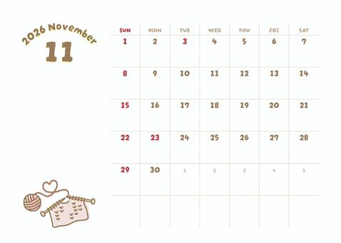 2026年11月カレンダー 編み物 カレンダー,2026年,2026年カレンダー,11月,１１月,11月カレンダー,カレンダー11月,十一月,2026年11月カレンダー,秋のイラスト素材