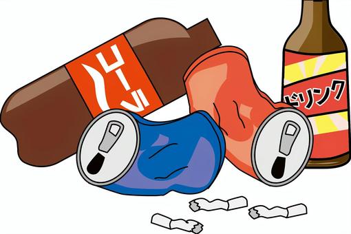 ゴミ散らかる　 ゴミ,散らかる,迷惑,吸い殻,空き缶,ペットボトル,瓶,線画のイラスト素材