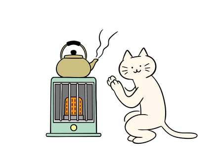 ストーブで暖まる猫（カラー） 猫,ストーブ,石油ストーブ,暖房器具,暖房,寒さ対策,レトロ,やかん,蒸気,湯気のイラスト素材