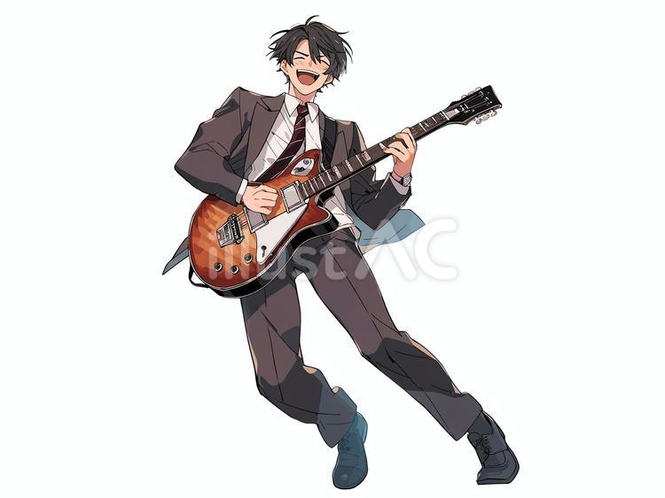 エレキギターを弾くビジネススーツ姿の男性 エレキギター,楽器,音楽のイラスト素材