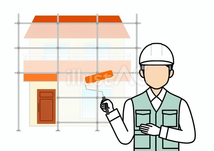 足場を組んだ一軒家と塗装工の作業員男性 足場,一軒家,二階建てのイラスト素材