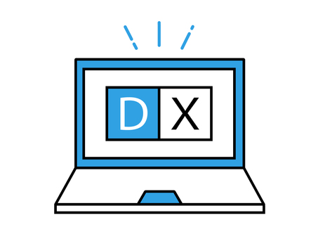 DXの文字が記されたノートパソコン パソコン,ノートパソコン,pc,dx,デジタルトランスフォーメーショ,文字,テキスト,ワード,アイコン,ビジネスのイラスト素材
