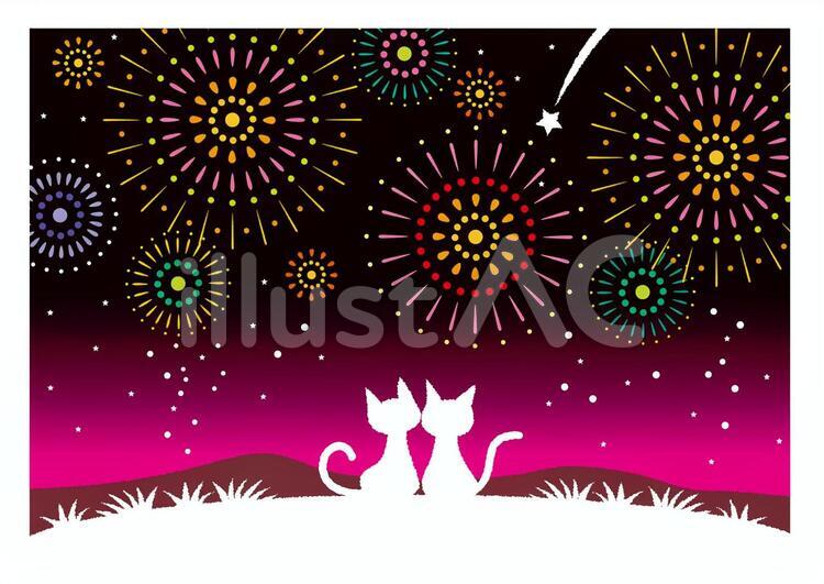 「 花火じゃらし 」B5大きめ 花火 盆おどり 猫イラスト 色鉛筆画 真夏の花火とネコイラスト - No: 40939|無料イラスト・フリー