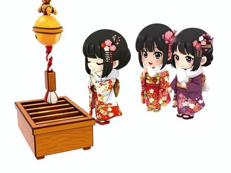 お正月新年成人式初詣神社参拝の晴着の女性 初詣,賽銭箱,初もうで,成人式,晴着,晴れ着,着物,年賀状,お正月,正月のイラスト素材