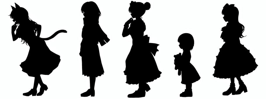 女の子の全身立ち絵シルエットセット13 女の子,シルエット,セット,少女,女性,立ち絵,trpg,全身,横顔,人物のイラスト素材