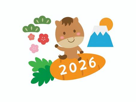午年のイラスト3 午年,馬,干支,人参,梅,松,富士山,初日の出,動物,正月のイラスト素材