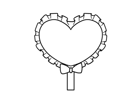 推し活　ハート型うちわフリル付き　線画 推し活,うちわ,ハート,フリル,リボン,線画,かわいい,塗り絵のイラスト素材