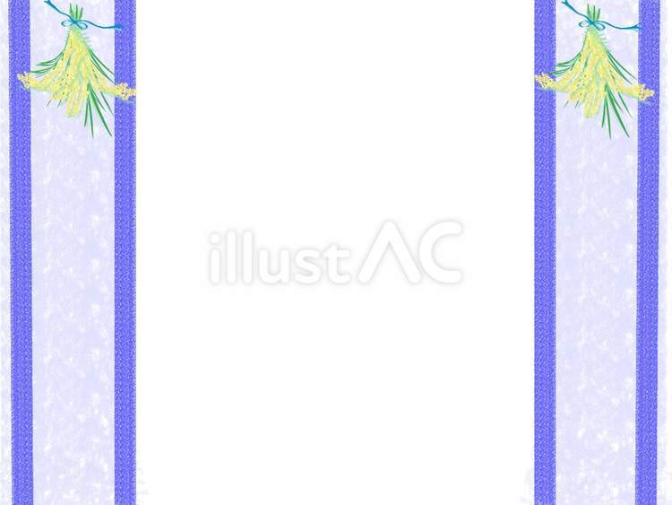 ミモザとブルーの縦縞フレーム無料イラスト 花,ミモザ,花束のイラスト素材