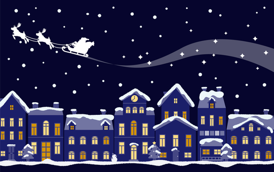 雪降る夜のクリスマスの街と空飛ぶサンタ2 クリスマス,夜,街並み,街,家,建物,雪,冬,サンタ,トナカイのイラスト素材