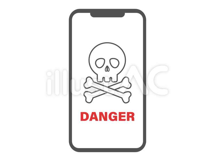 警告が表示されたスマホ ドクロ,danger,スマホのイラスト素材