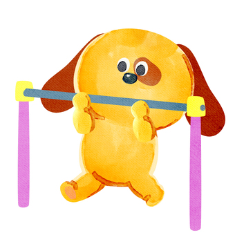 水彩画_鉄棒する犬_01 犬,動物,手描き,水彩画,遊具,体育,体操,運動,鉄棒,遊ぶのイラスト素材
