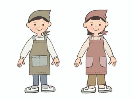 エプロン姿の子ども(ナチュラルカラー) エプロン姿の子ども(ナチュラルカラー) 子ども,エプロン,三角巾,クッキング,掃除,調理実習,男の子,女の子,小学生,幼稚園のイラスト素材