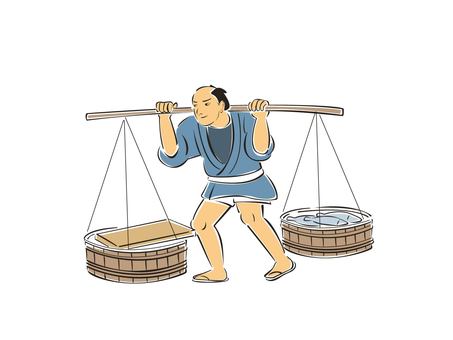 江戸時代の魚屋さん 江戸時代,魚屋,行商,江戸,天秤棒,魚売り,ちょんまげ,男性,イラストのイラスト素材