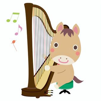 ハープを弾く午年の馬 午,馬,午年,ハープ,音符,ハーピスト,音楽,楽器,演奏,オーケストラのイラスト素材